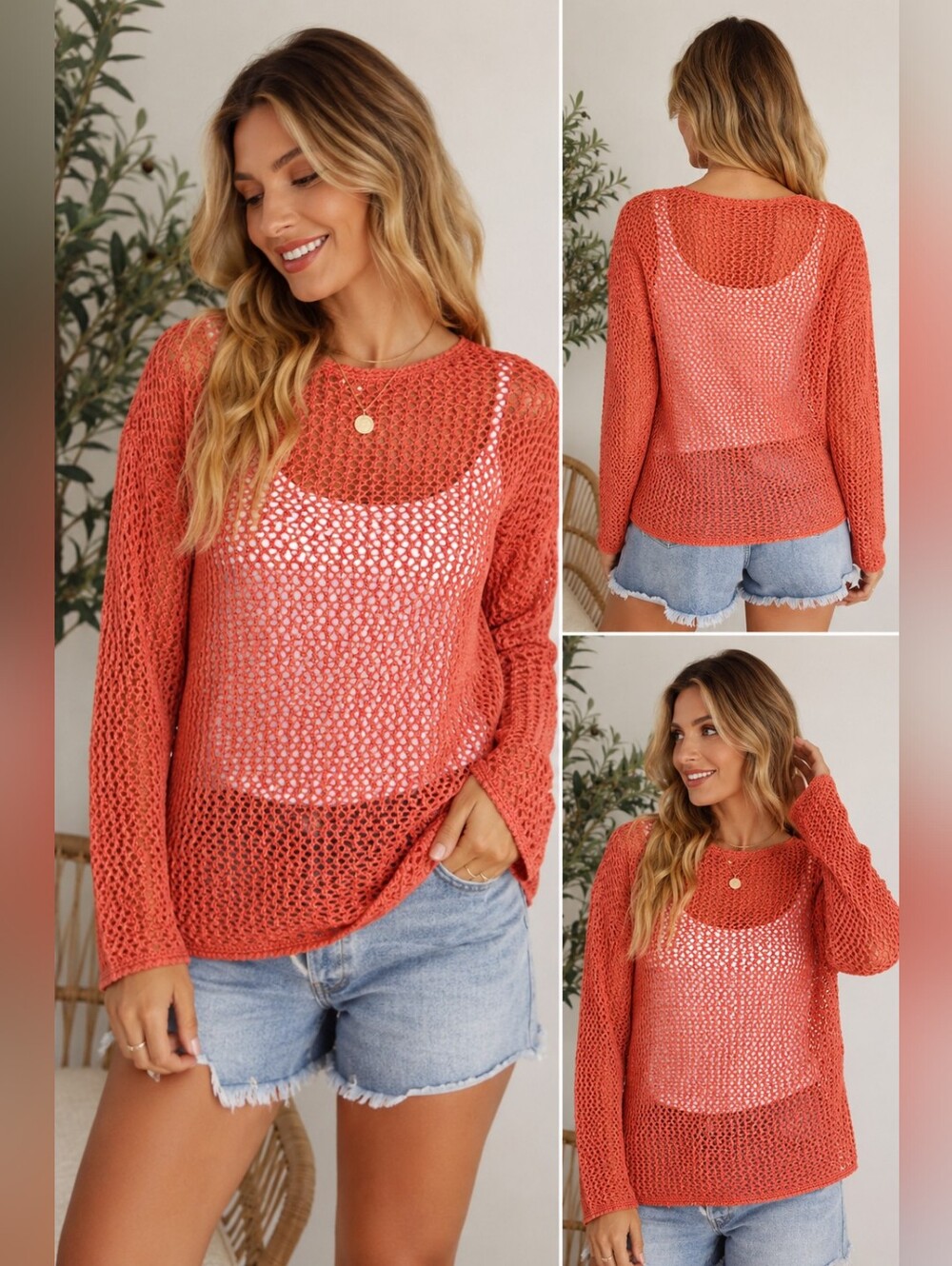Relativity Open Knit Mesh Sweater Coral Orange Lightweight Pullover M